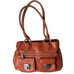 CNKW Vintage Burnt Orange Leather Shoulder Bag Chunky Buckle Pockets Zipper